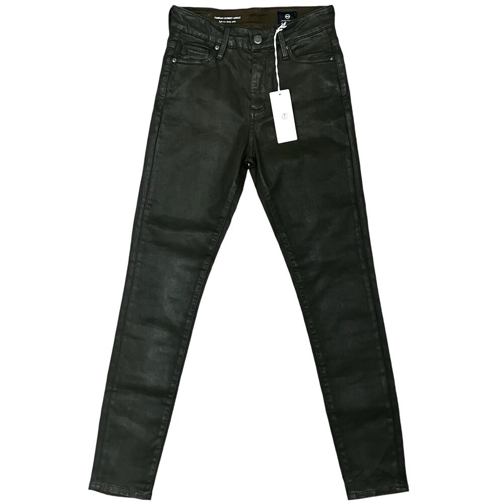 AG High-Rise Faux Leather Jeans Stretch Skinny Denim Pants Sz 25 Dark Green NWT